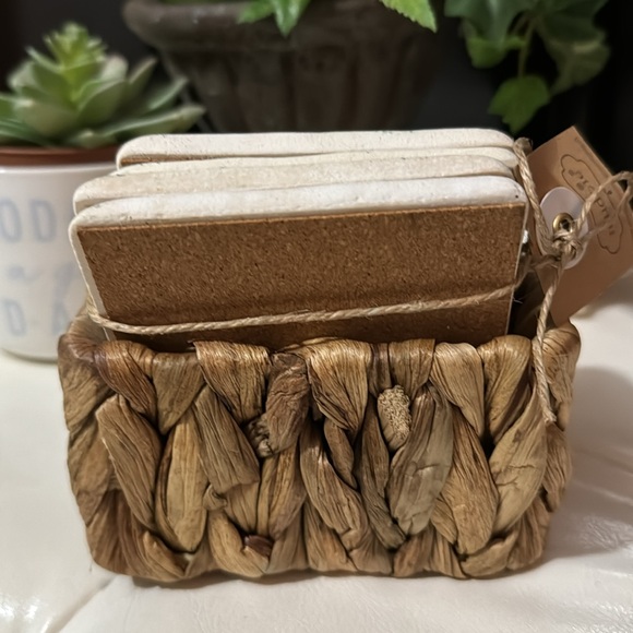 NWT Set of 4 Coasters-Ceramic/Limestone-Printed Phrase-Basket To Store In - Picture 5 of 12